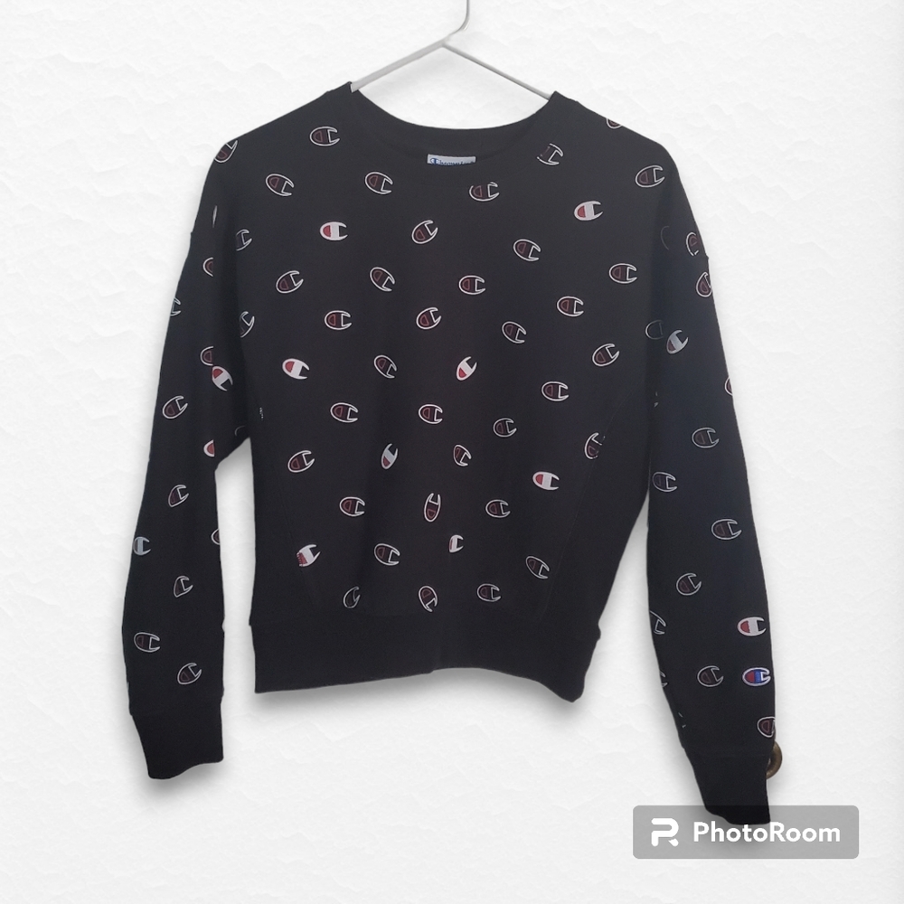 Champion Reverse Weave black sweatshirt with allover logo design, size S
